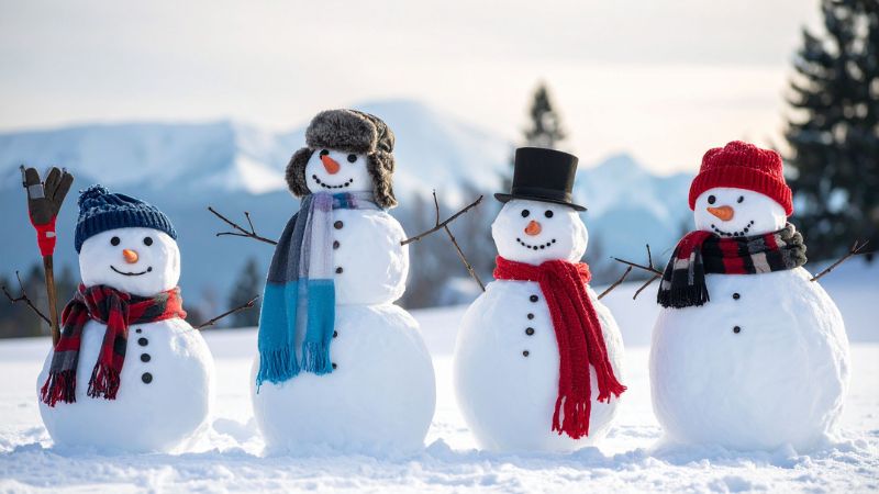 Gruppe von Schneemännern mit Wintermützen und Schals